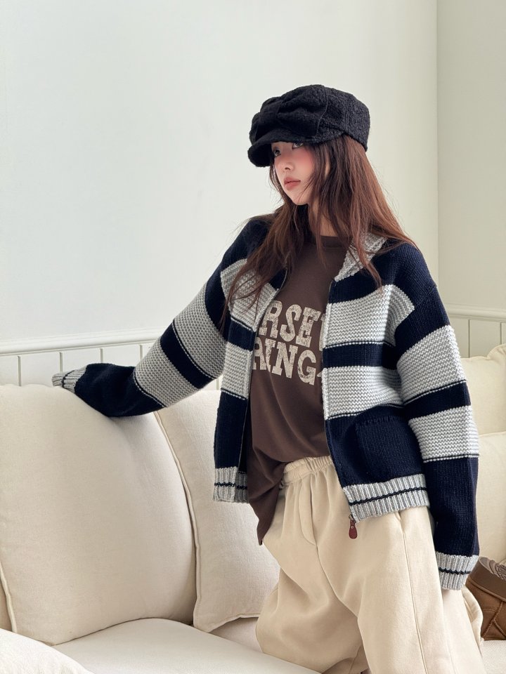 Baguette - Korean Women Fashion - #thelittlethings - Jacquard Stripe Knit Zip-Up - 10