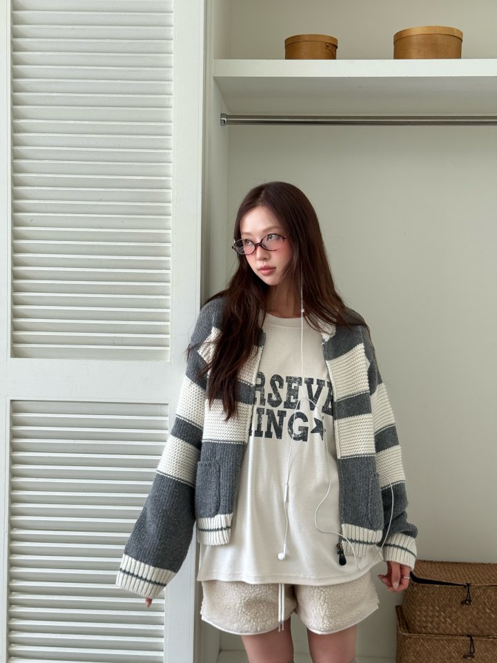 Baguette - Korean Women Fashion - #vintageinspired - Jacquard Stripe Knit Zip-Up - 3