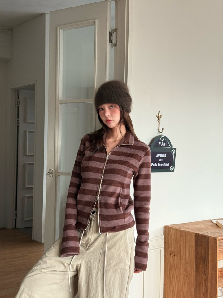 Baguette - Korean Women Fashion - #womensfashion - Crown Brushed Stripe Zip-Up - 12