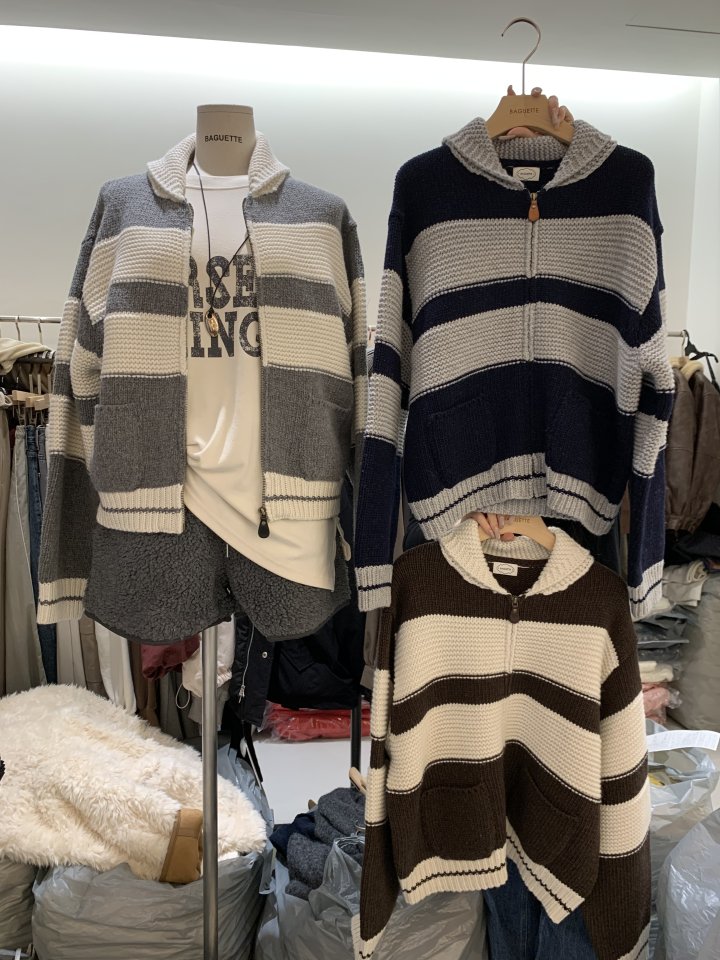 Baguette - Korean Women Fashion - #womensfashion - Jacquard Stripe Knit Zip-Up - 12