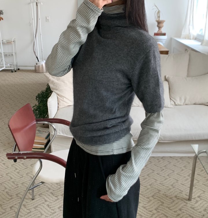 Cover - Korean Women Fashion - #momslook - Stripe Warmer Turtleneck - 3