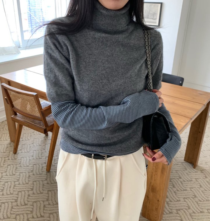 Cover - Korean Women Fashion - #momslook - Stripe Warmer Turtleneck - 4