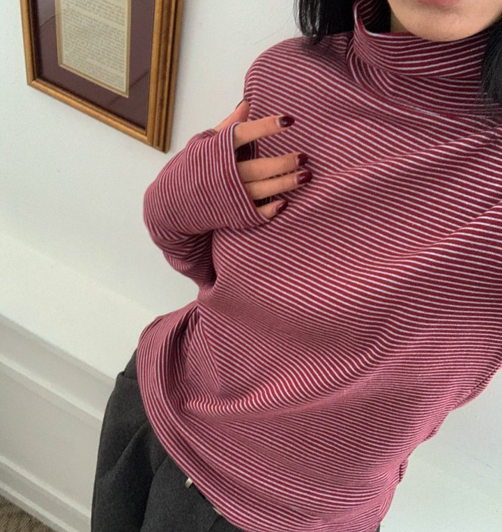Cover - Korean Women Fashion - #vintageinspired - Stripe Warmer Turtleneck - 7