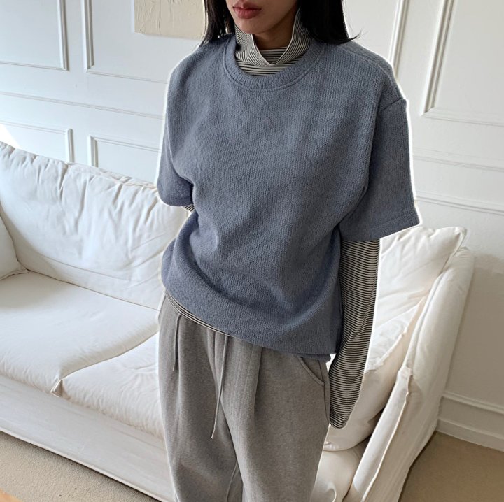 Cover - Korean Women Fashion - #womensfashion - Cozy Knit Short Sleeve Tee - 2