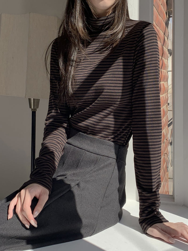 Flatyou - Korean Women Fashion - #momslook - Fleece Stripe Turtleneck Tee - 2
