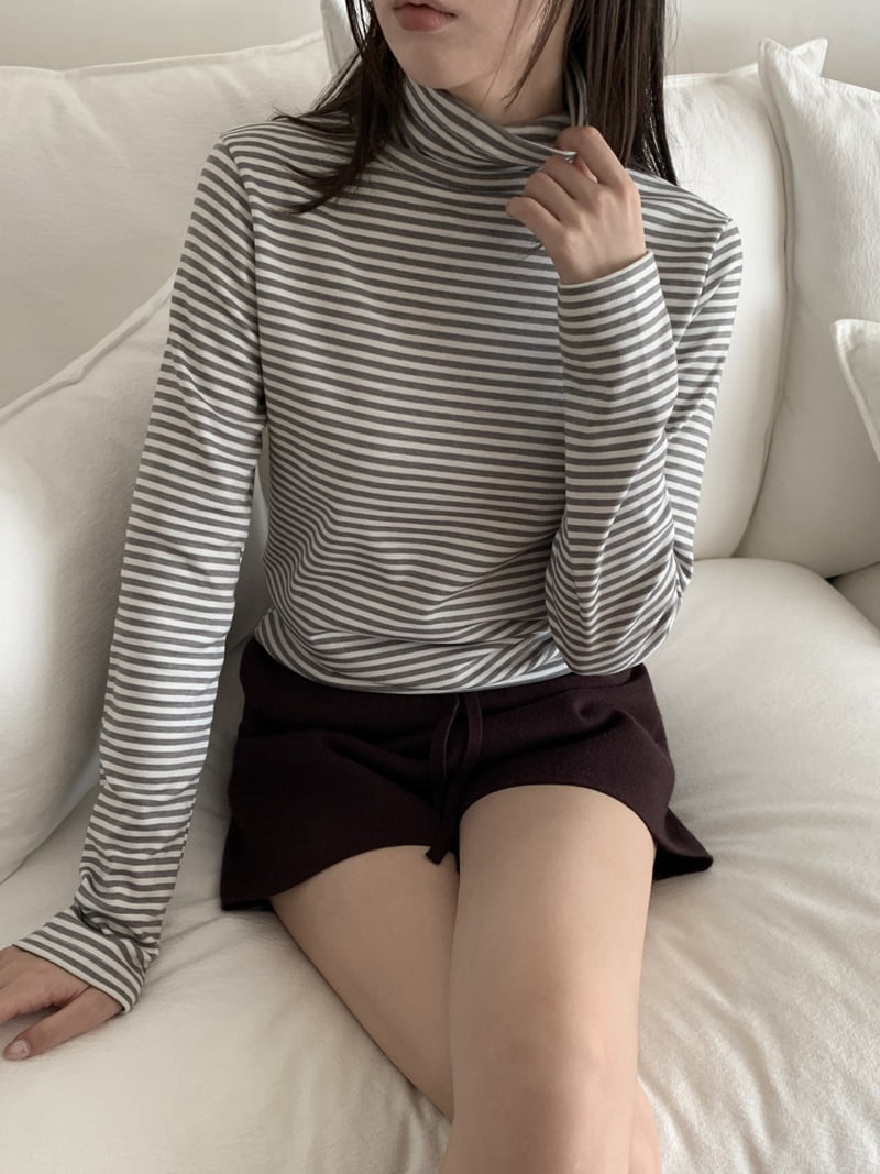 Flatyou - Korean Women Fashion - #momslook - Fleece Stripe Turtleneck Tee - 6