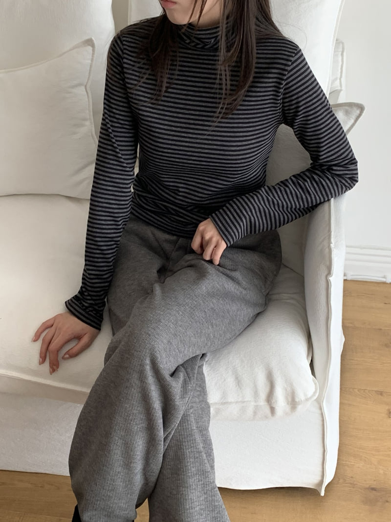 Flatyou - Korean Women Fashion - #momslook - Fleece Stripe Turtleneck Tee - 8