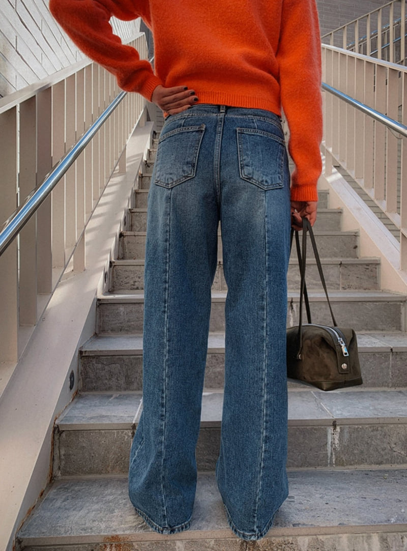 I'm here - Korean Women Fashion - #momslook - 893 Back Slit Long Wide Denim Pants