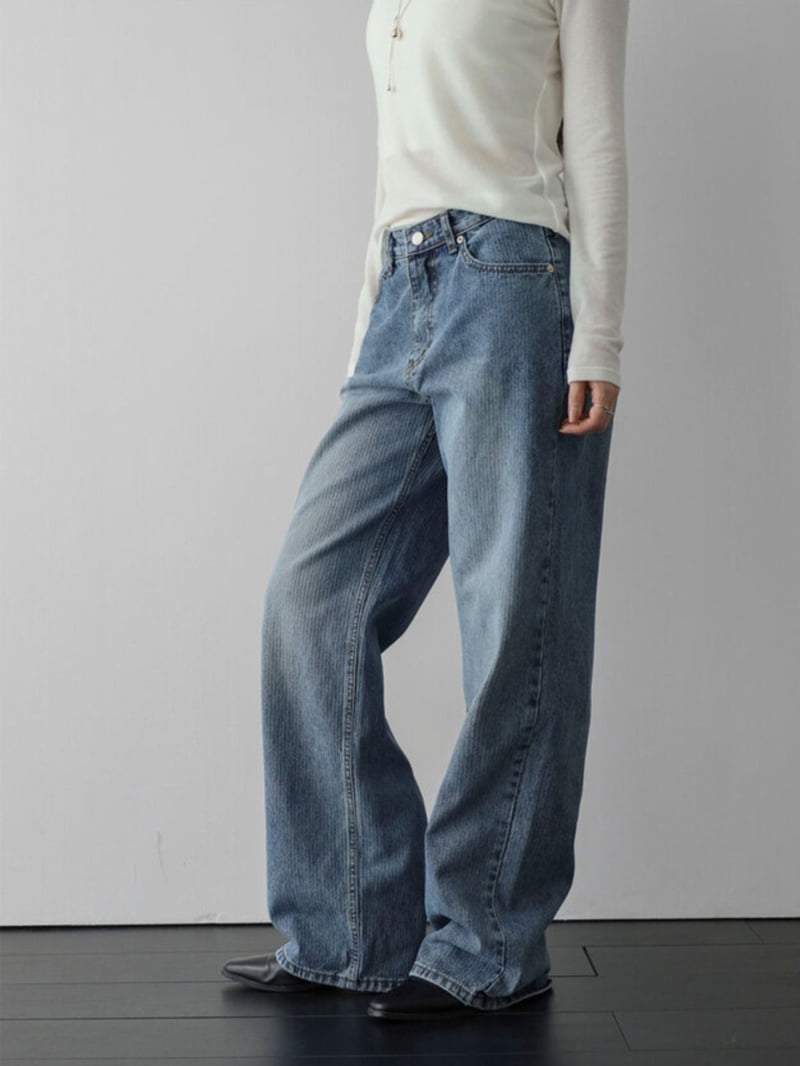 I'm here - Korean Women Fashion - #momslook - 897 Ribbed Stripe Washed Denim Pants - 10