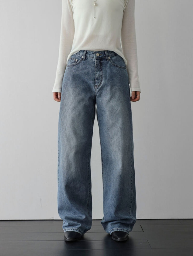 I'm here - Korean Women Fashion - #vintagekidsstyle - 897 Ribbed Stripe Washed Denim Pants - 4