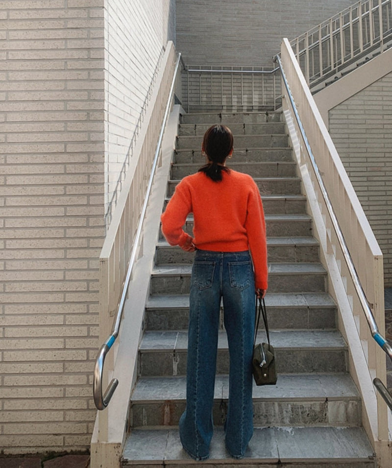 I'm here - Korean Women Fashion - #restrostyle - 893 Back Slit Long Wide Denim Pants - 8