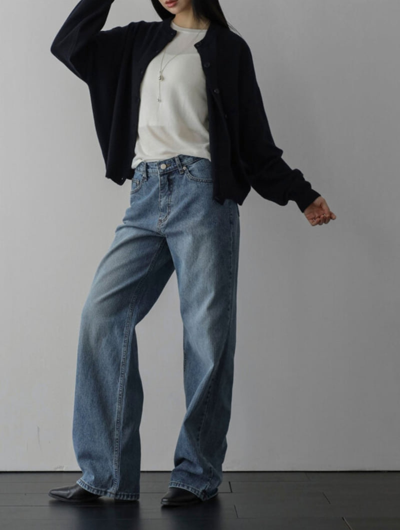 I'm here - Korean Women Fashion - #restrostyle - 897 Ribbed Stripe Washed Denim Pants - 5