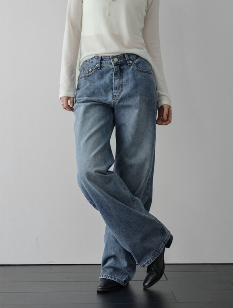 I'm here - Korean Women Fashion - #romanticstyle - 897 Ribbed Stripe Washed Denim Pants - 6