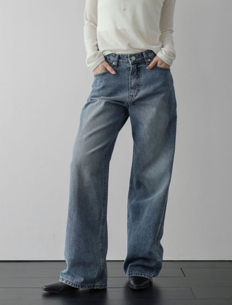 I'm here - Korean Women Fashion - #thatsdarling - 897 Ribbed Stripe Washed Denim Pants - 8