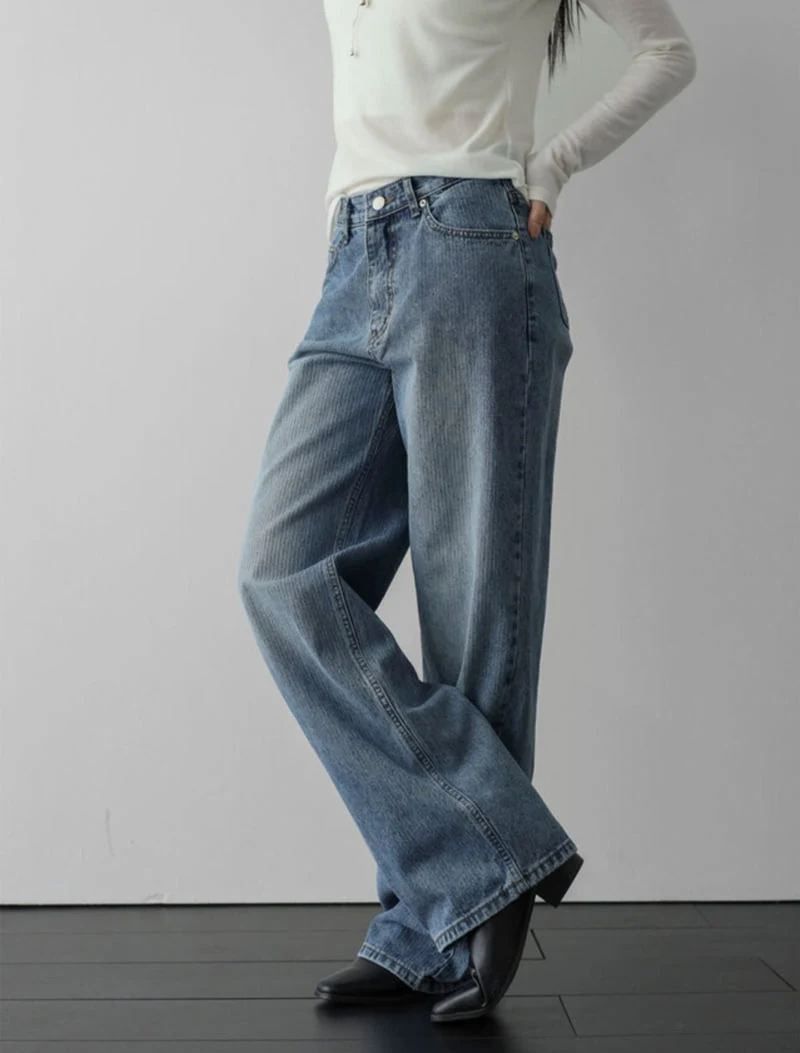 I'm here - Korean Women Fashion - #thelittlethings - 897 Ribbed Stripe Washed Denim Pants - 9