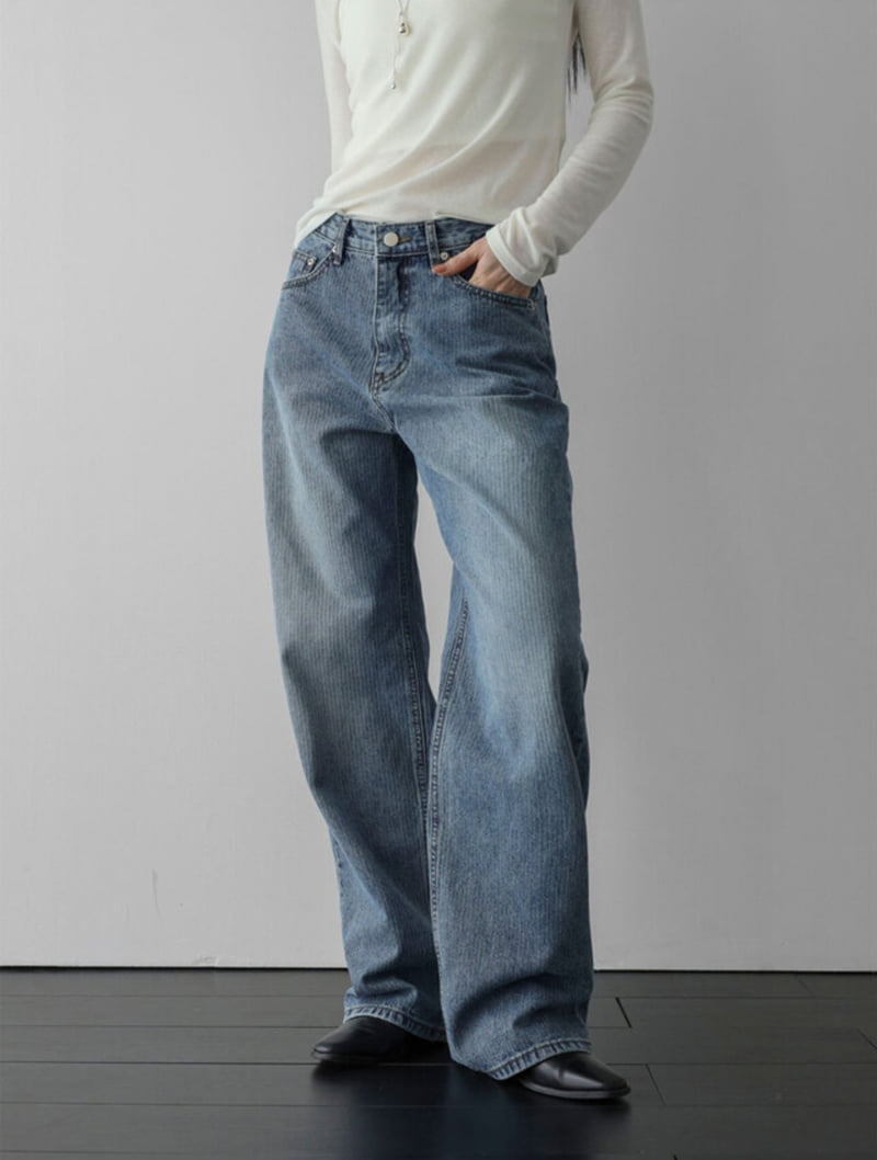 I'm here - Korean Women Fashion - #vintageinspired - 897 Ribbed Stripe Washed Denim Pants - 2