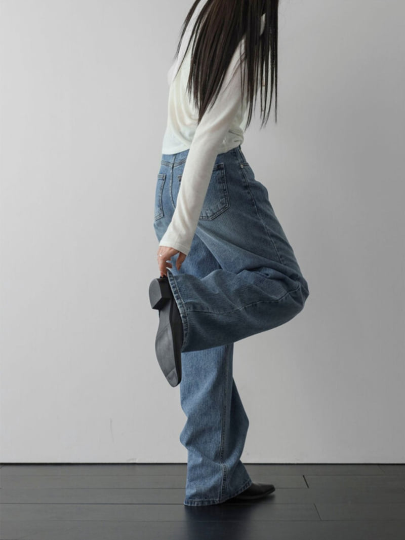 I'm here - Korean Women Fashion - #vintagekidsstyle - 897 Ribbed Stripe Washed Denim Pants - 3