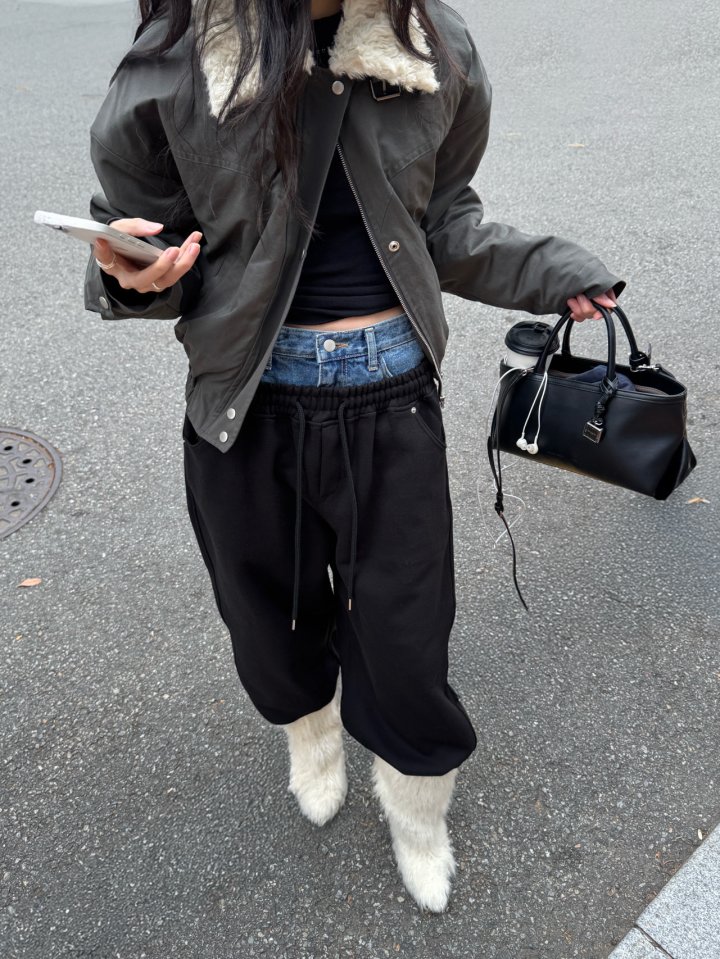 Inssense - Korean Women Fashion - #momslook - Denim Waist Layered Sweat Pants - 5