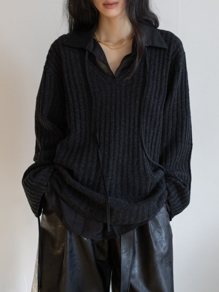 Inssense - Korean Women Fashion - #momslook - Oversized Merino Wool V-Neck Knit - 3