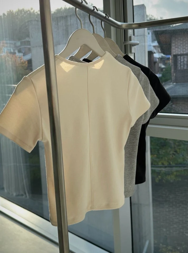 Inssense - Korean Women Fashion - #momslook - Minimal Back Stitch Peach Slim Tee - 8