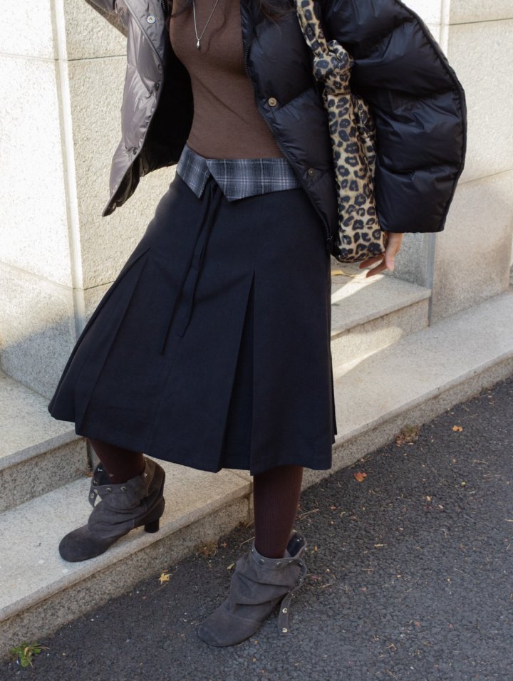 Inssense - Korean Women Fashion - #momslook - Check Waist Pleated Midi Skirt - 7
