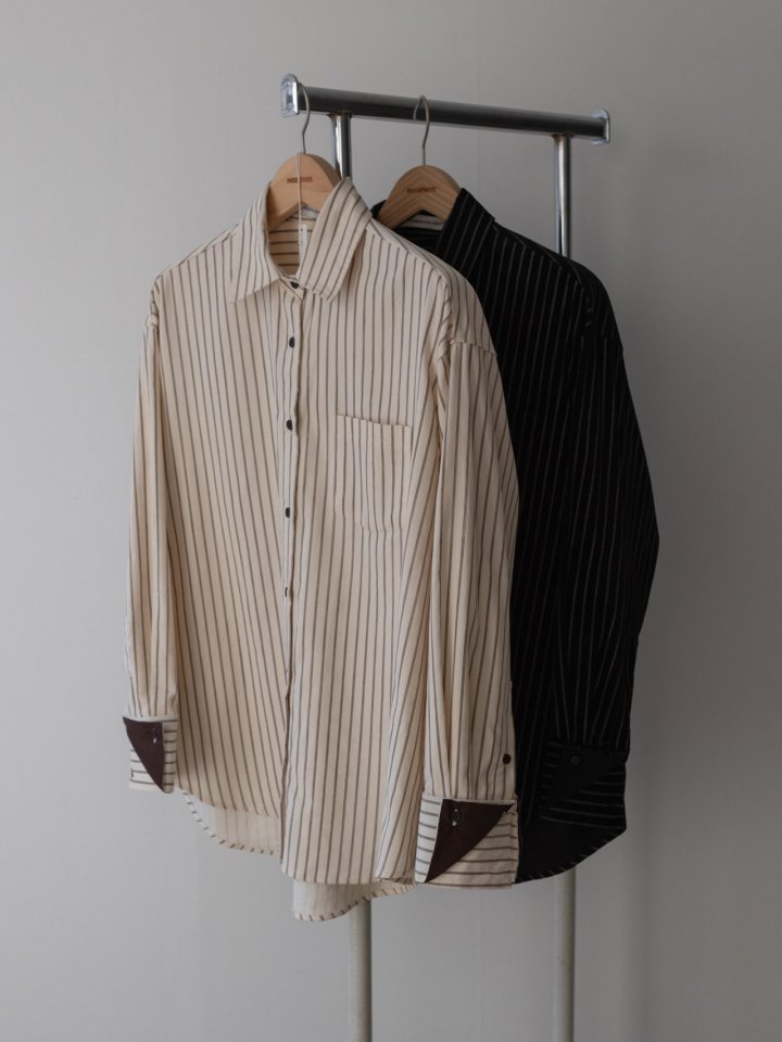 Inssense - Korean Women Fashion - #momslook - Double Cuffs Stripe Corduroy Shirt - 12