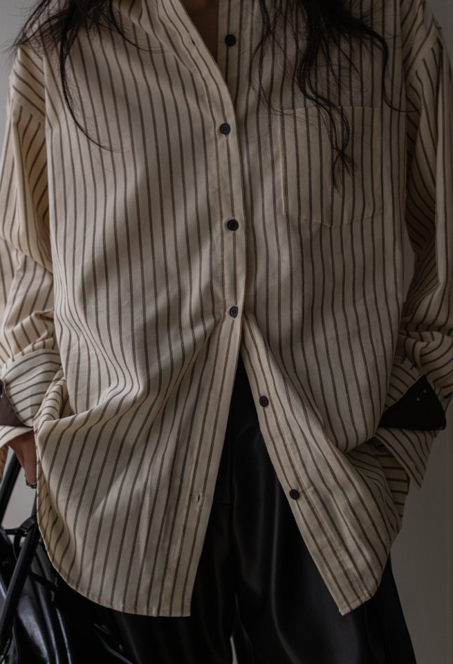 Inssense - Korean Women Fashion - #momslook - Double Cuffs Stripe Corduroy Shirt - 8