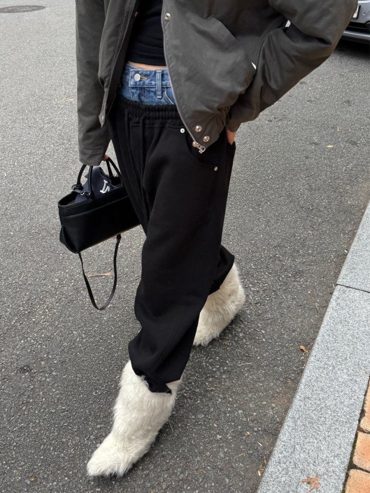 Inssense - Korean Women Fashion - #thatsdarling - Denim Waist Layered Sweat Pants