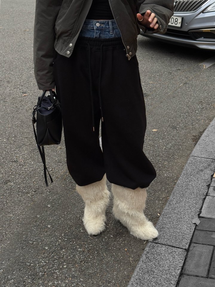 Inssense - Korean Women Fashion - #thelittlethings - Denim Waist Layered Sweat Pants - 2
