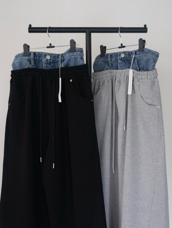 Inssense - Korean Women Fashion - #womensfashion - Denim Waist Layered Sweat Pants - 12