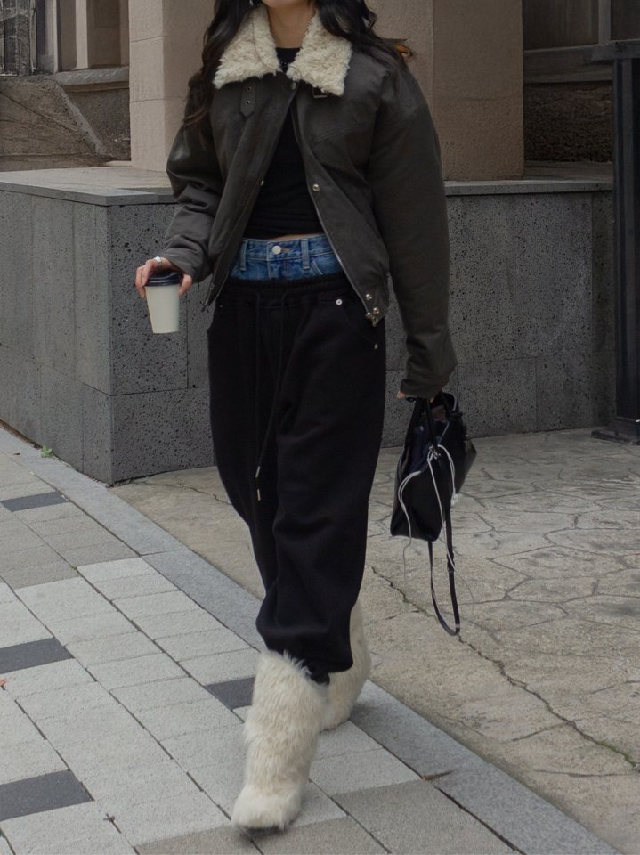 Inssense - Korean Women Fashion - #womensfashion - Denim Waist Layered Sweat Pants - 6