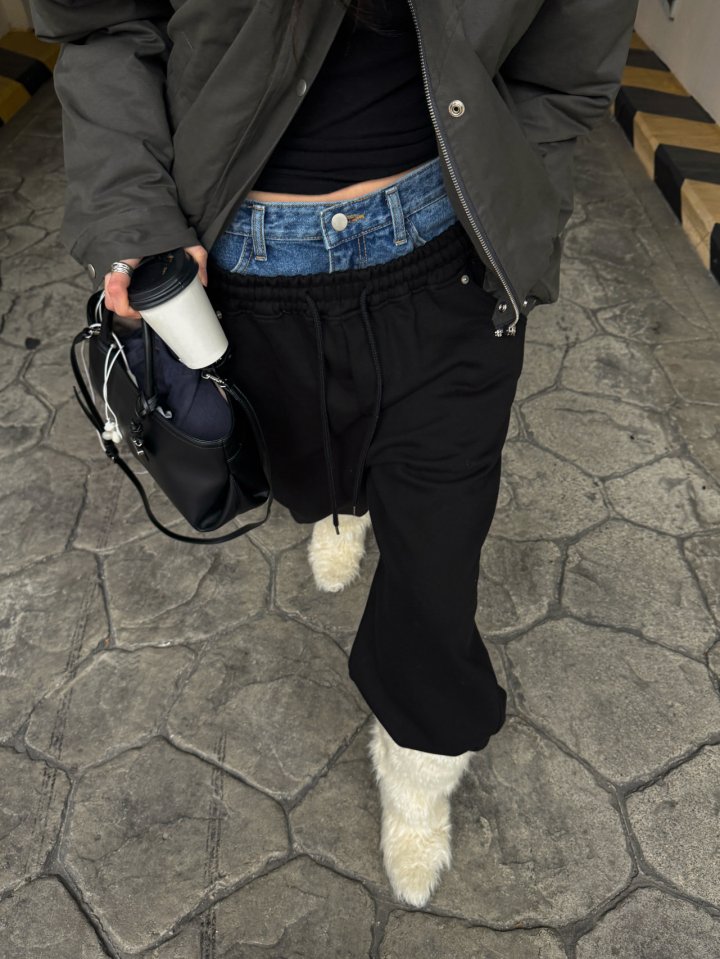 Inssense - Korean Women Fashion - #womensfashion - Denim Waist Layered Sweat Pants - 8