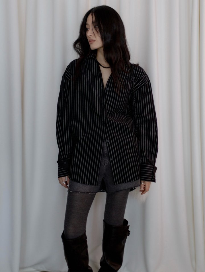 Inssense - Korean Women Fashion - #womensfashion - Double Cuffs Stripe Corduroy Shirt - 5