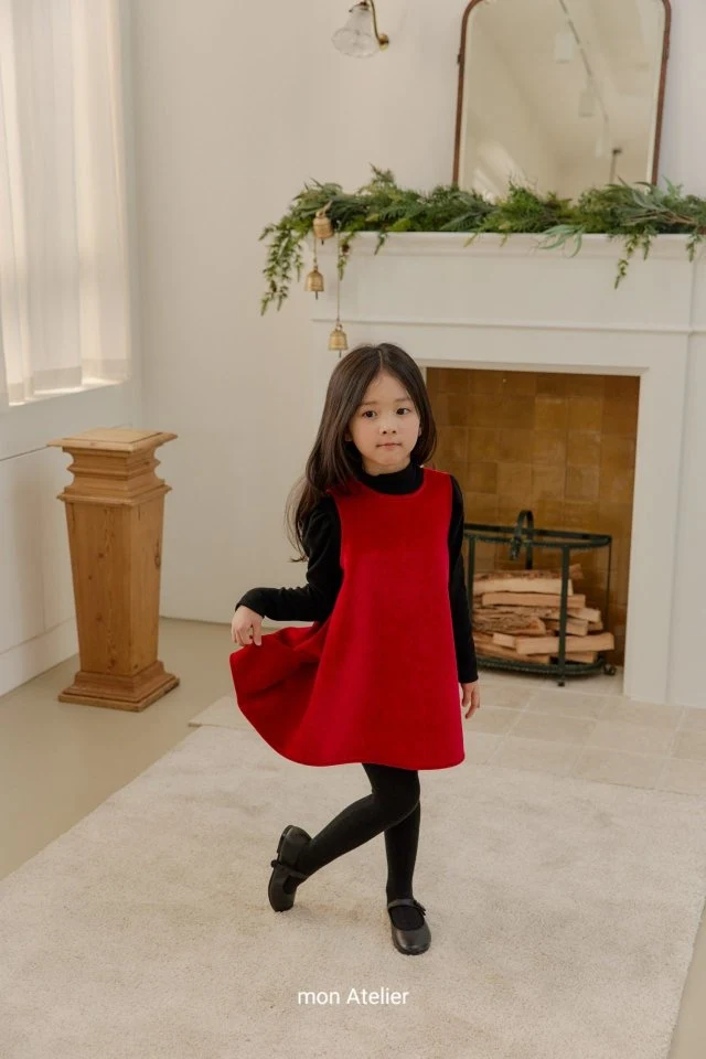 Mon Atelier - Korean Children Fashion - #kidsshorts - Noel Velvet One-piece (Red) - 3