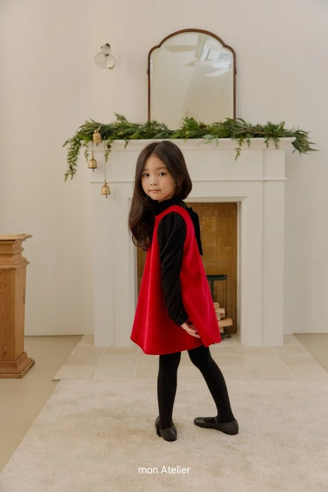 Mon Atelier - Korean Children Fashion - #kidsshorts - Noel Velvet One-piece (Red) - 4