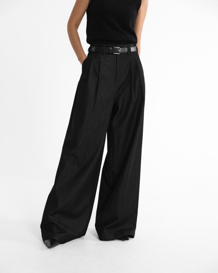 Paper Moon - Korean Women Fashion - #momslook - Pleated Detail Twill Denim Wide Trousers - 2