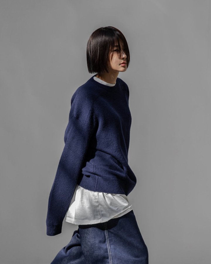 Paper Moon - Korean Women Fashion - #momslook - Double Knitting Shoulder Detail Round Neck Knit - 2