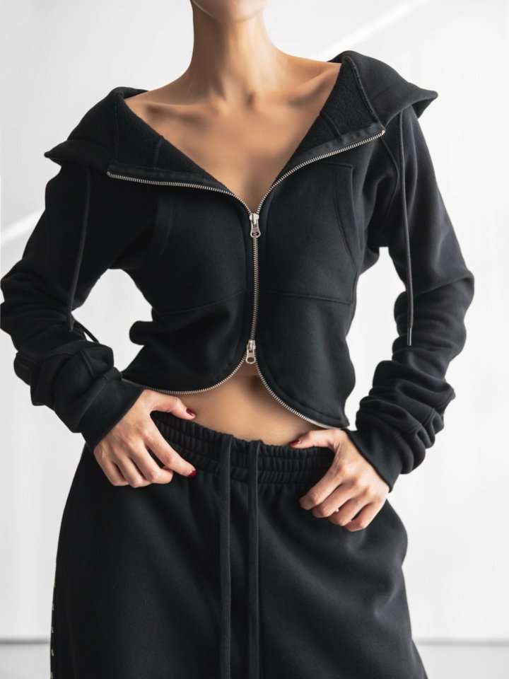 Paper Moon - Korean Women Fashion - #momslook - Round Line Slim Hoodie Zip-Up