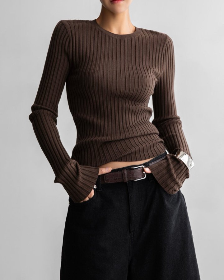Paper Moon - Korean Women Fashion - #womensfashion - Long Sleeve Ribbed Round Neck Knit Top - 4
