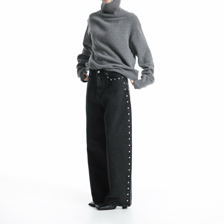 Paper Moon - Korean Women Fashion - #momslook - Stud-Point Washed Black Wide Denim Pants - 2