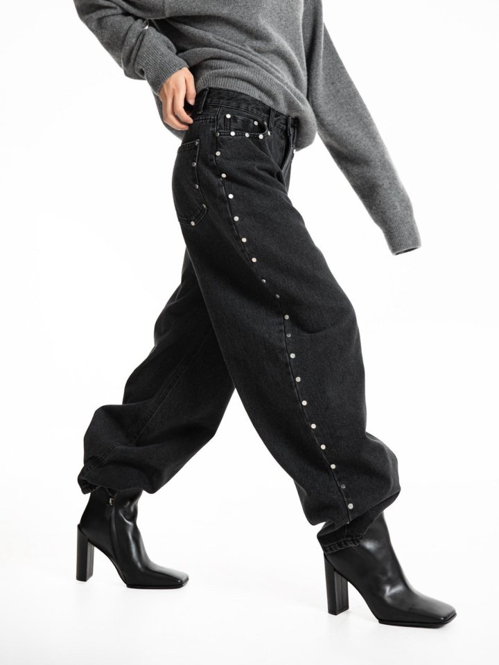 Paper Moon - Korean Women Fashion - #womensfashion - Stud-Point Washed Black Wide Denim Pants - 4