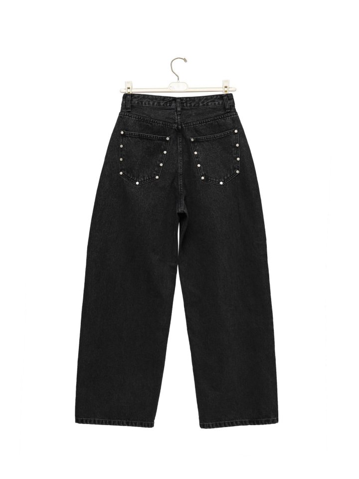 Paper Moon - Korean Women Fashion - #momslook - Stud-Point Washed Black Wide Denim Pants - 6