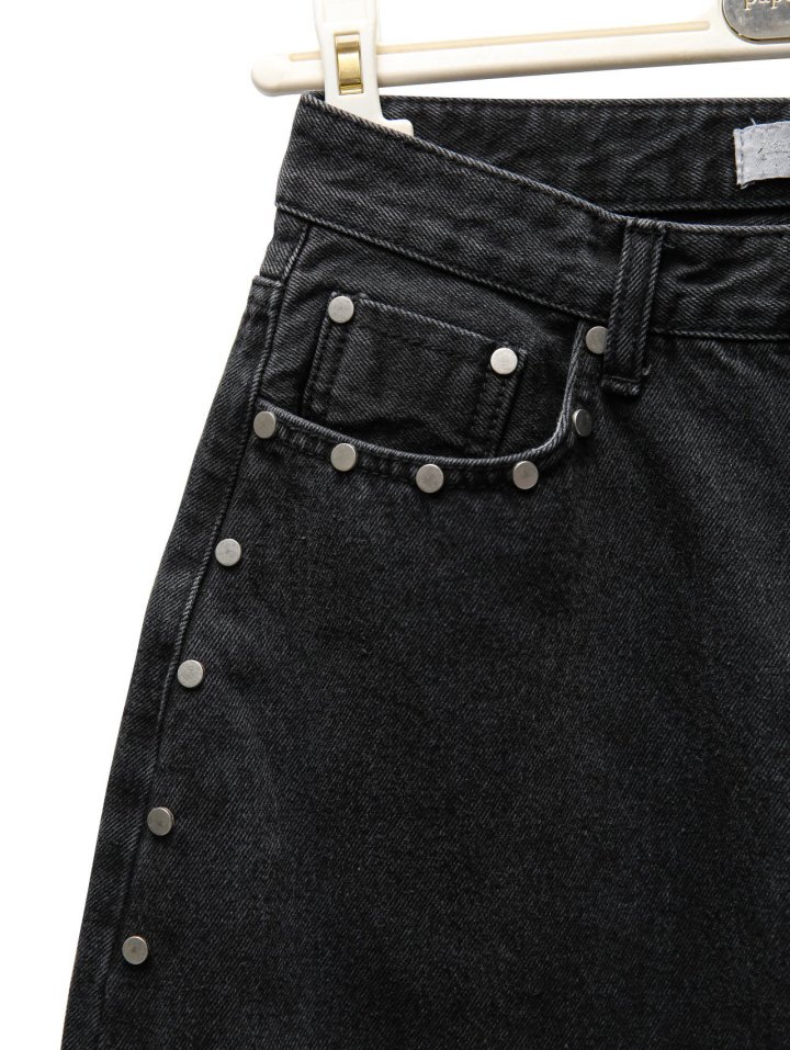 Paper Moon - Korean Women Fashion - #momslook - Stud-Point Washed Black Wide Denim Pants - 9
