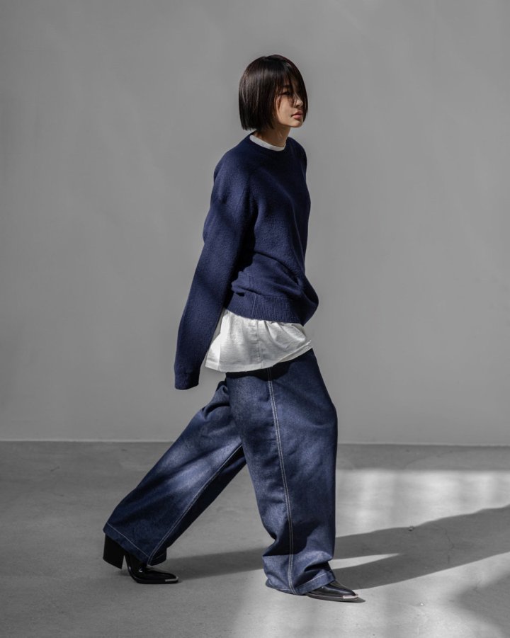 Paper Moon - Korean Women Fashion - #momslook - Stitch Detail Wide Baggy Denim Pants - 6
