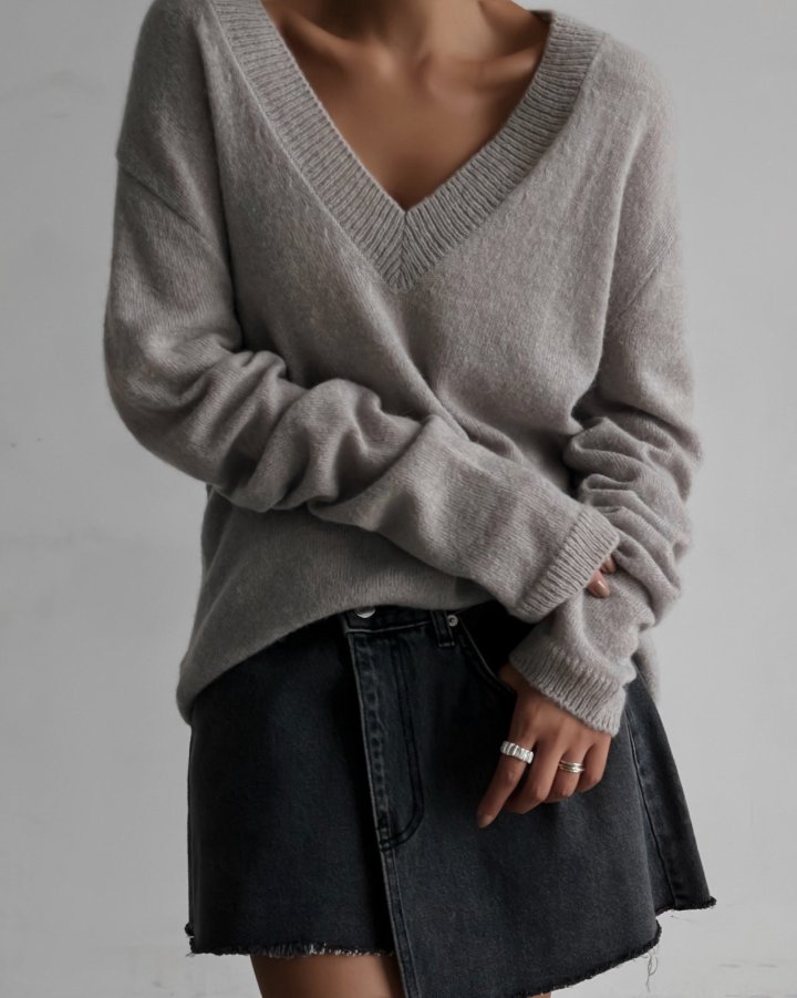 Paper Moon - Korean Women Fashion - #momslook - Alpaca Wool Deep V Neck Knit Top