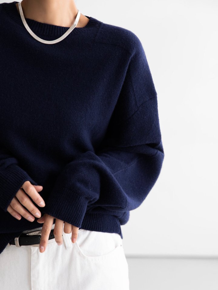 Paper Moon - Korean Women Fashion - #vintageinspired - Double Knitting Shoulder Detail Round Neck Knit - 6