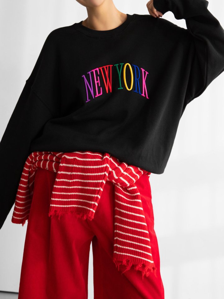Paper Moon - Korean Women Fashion - #vintageinspired - Oversized Rainbow New York Stitch Detail Sweatshirt - 5