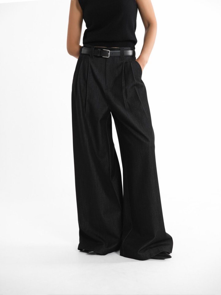 Paper Moon - Korean Women Fashion - #womensfashion - Pleated Detail Twill Denim Wide Trousers