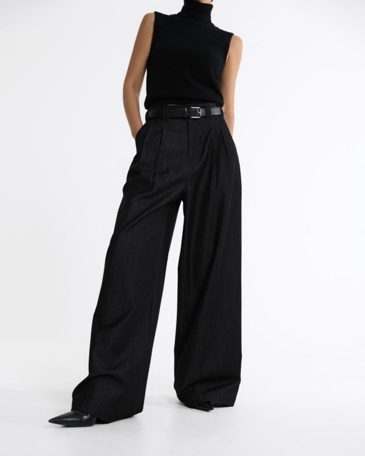 Paper Moon - Korean Women Fashion - #womensfashion - Pleated Detail Twill Denim Wide Trousers - 5