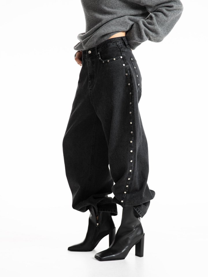 Paper Moon - Korean Women Fashion - #womensfashion - Stud-Point Washed Black Wide Denim Pants